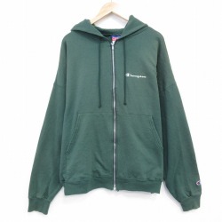 XL★古着 チャンピオン champion 長袖 フルジップ スウェット パーカー メンズ 00年代 00s ワンポイントロゴ 大きいサイズ クルーネック 緑 26jan07