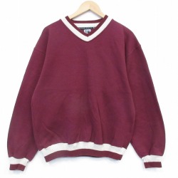 L★古着 ラッセル 長袖 スウェット メンズ 90年代 90s 無地 大きいサイズ Vネック USA製 エンジ【spe】 26jan09