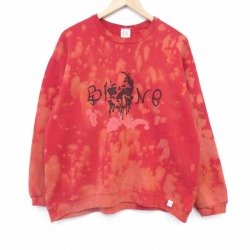 L★古着 ラッセル 長袖 スウェット メンズ 90年代 90s スカル クルーネック USA製 赤 ブリーチ加工【spe】 26jan09