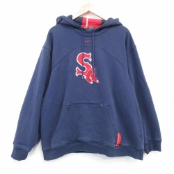 XL★古着 ナイキ NIKE 長袖 スウェット パーカー メンズ 00年代 00s MLB ボストンレッドソックス 刺繍 ラグラン 紺 メジャーリーグ ベースボール 野球【spe】 26jan22
