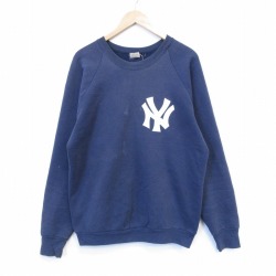 L★古着 フルーツオブザルーム 長袖 スウェット メンズ 80年代 80s MLB ニューヨークヤンキース ラグラン クルーネック USA製 紺 メジャーリーグ ベースボール 野球 26feb06