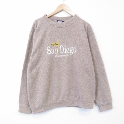 L★古着 長袖 トップス メンズ 90年代 90s サンディエゴ 刺繍 コットン クルーネック USA製 ベージュ 26feb06