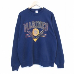 XL★古着 長袖 スウェット メンズ 90年代 90s ミリタリー マリーンズ リフレクター クルーネック USA製 紺 26feb06