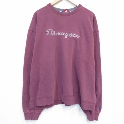 XL★古着 チャンピオン champion 長袖 スウェット メンズ ビッグロゴ 刺繍 ボロ クルーネック エンジ 26feb04