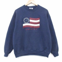 L★古着 リー Lee 長袖 スウェット メンズ 90年代 90s 星条旗 刺繍 クルーネック USA製 紺 26feb19