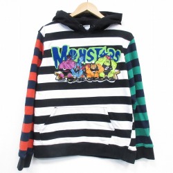M★古着 長袖 スウェット パーカー メンズ スペースジャム モンスターズ マルチカラー コットン 黒他 ボーダー 26feb24