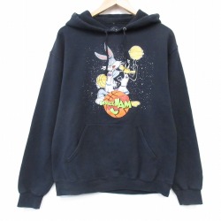 M★古着 長袖 スウェット パーカー メンズ ルーニーテューンズ スペースジャム バックスバニー ブラック 26jun18