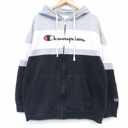 XL★古着 チャンピオン Champion 長袖 フルジップ スウェット パーカー メンズ ビッグロゴ 刺繍 大きいサイズ ブラック 26jun18