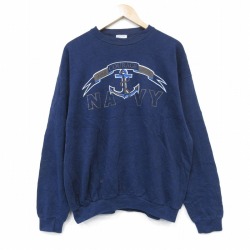 L★古着 長袖 スウェット メンズ 90年代 90s ミリタリー ネイビー NAVY クルーネック USA製 紺 26feb27