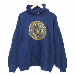 XL★古着 長袖 スウェット パーカー メンズ 90年代 90s ミリタリー USネイビー リフレクター大きいサイズ USA製 紺 26feb27