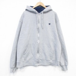 XL★古着 チャンピオン Champion 長袖 フルジップ スウェット パーカー メンズ ワンポイントロゴ 大きいサイズ グレー 霜降り 26jun18