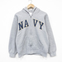 S★古着 長袖 フルジップ スウェット パーカー メンズ 00年代 00s ミリタリー ネイビー NAVY グレー 霜降り 26mar05