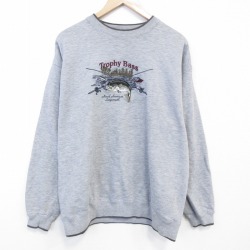 XL★古着 長袖 スウェット メンズ ブラックバス 刺繍 クルーネック グレー 霜降り 26mar02