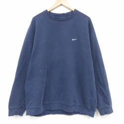 XL★古着 ナイキ NIKE 長袖 スウェット メンズ 00年代 00s ワンポイントロゴ 大きいサイズ クルーネック 紺 26mar04