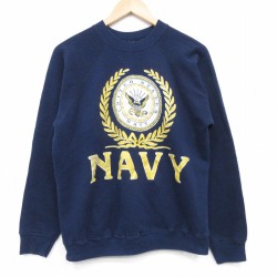 M★古着 長袖 スウェット メンズ ミリタリー ネイビー NAVY ラグラン クルーネック 紺 26mar04