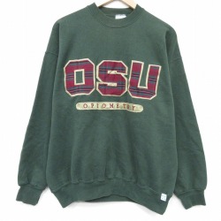 XL★古着 ディスカス 長袖 スウェット メンズ 90年代 90s OSU 刺繍 クルーネック USA製 濃緑 26mar03