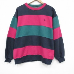 L★古着 長袖 スウェット メンズ 90年代 90s ワンポイントロゴ マルチカラー クルーネック 緑他 ボーダー 26mar03