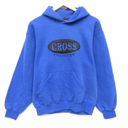 M★古着 長袖 スウェット パーカー メンズ 00年代 00s CROSS 刺繍 青 26mar03