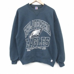 L★古着 ラッセル 長袖 スウェット メンズ 90年代 90s NFL フィラデルフィアイーグルス クルーネック USA製 濃緑 アメフト スーパーボウル【spe】 26mar10