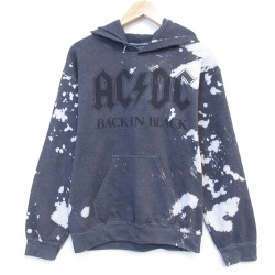 S★古着 長袖 ロック バンド スウェット パーカー メンズ AC/DC クルーネック 濃グレー ブリーチ加工 26mar07