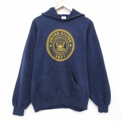 L★古着 長袖 スウェット パーカー メンズ 90年代 90s ミリタリー USネイビー リフレクター クルーネック USA製 紺 26mar07