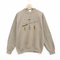 M★古着 長袖 スウェット メンズ 90年代 90s ルアー 刺繍 クルーネック USA製 薄茶 26mar13