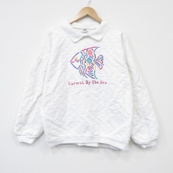 XL★古着 Crazy Shirts 長袖 スウェット メンズ 90年代 90s 魚 刺繍 大きいサイズ コットン 襟付き USA製 白 26apr01