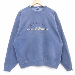 XL★古着 長袖 スウェット メンズ 90年代 90s MYSTIC 刺繍 コットン クルーネック USA製 薄紺 霜降り 26apr01