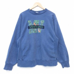 XL★古着 長袖 スウェット メンズ 00年代 00s MV 刺繍 クルーネック 薄紺 26apr04