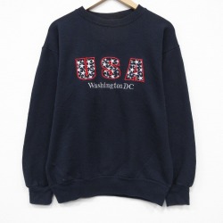 XL★古着 長袖 スウェット メンズ 90年代 90s USAロゴ 刺繍 大きいサイズ クルーネック USA製 薄紺 26apr09