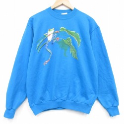 L★古着 長袖 スウェット メンズ 90年代 90s カエル クルーネック USA製 水色 26apr13