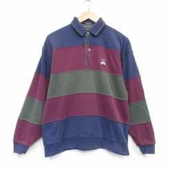 L★古着 トミーヒルフィガー 長袖 ブランド スウェット メンズ 90年代 90s ワンポイントロゴ コットン 襟付き エンジ他 ボーダー 26apr13