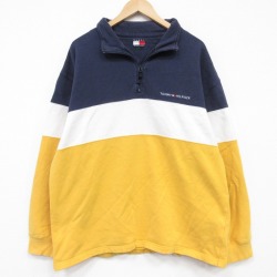 XL★古着 トミーヒルフィガー 長袖 ブランド ハーフジップ スウェット メンズ 90年代 90s ワンポイントロゴ 大きいサイズ 紺他 26apr17