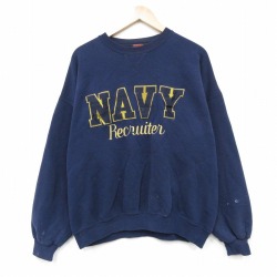 XL★古着 長袖 スウェット メンズ 90年代 90s ミリタリー ネイビー NAVY 大きいサイズ クルーネック 紺 26apr18