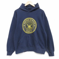 L★古着 長袖 スウェット パーカー メンズ 90年代 90s ミリタリー USネイビー リフレクター USA製 紺 26apr22