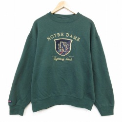L★古着 ジャンスポーツ 長袖 スウェット メンズ 90年代 90s ノートルダム 刺繍 クルーネック USA製 緑 26apr23