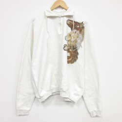 XL★古着 長袖 ハーフジップ スウェット パーカー メンズ 80年代 80s 馬 大きいサイズ 襟付き USA製 白 26apr24