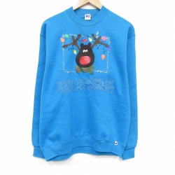 M★古着 ラッセル 長袖 スウェット メンズ 80年代 80s トナカイ ロング丈 クルーネック USA製 青【spe】 26apr24