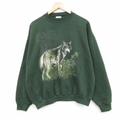 XL★古着 TULTEX 長袖 スウェット メンズ 90年代 90s オオカミ クルーネック 緑 26may01