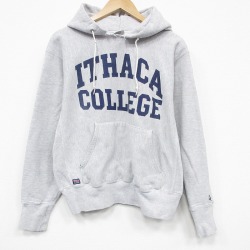 L★古着 長袖 スウェット パーカー メンズ 90年代 90s ITHACA カレッジ リバースタイプ USA製 薄グレー 霜降り 26may02