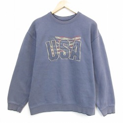 L★古着 長袖 スウェット メンズ USAロゴ 刺繍 クルーネック 紺 26may26