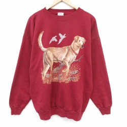XL★古着 長袖 スウェット メンズ 90年代 90s 犬 クルーネック USA製 バーガンディ 26jun09