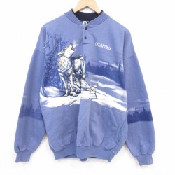 XL★古着 長袖 スウェット メンズ 90年代 90s オオカミ ヘンリーネック USA製 ネイビー【spe】 26jun09