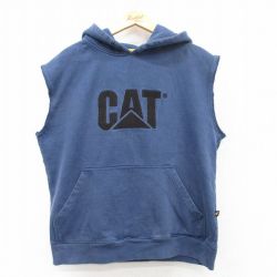 【50%OFF】L★古着 ノースリーブ スウェット メンズ CAT 紺 ネイビー 25apr09 中古 スエット トレーナー トップス