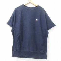 XL★古着 半袖 チャンピオン champion リバースウィーブ メンズ ワンポイントロゴ ラグラン クルーネック 紺 ネイビー 25jul04 中古 スエット トレーナー トップス