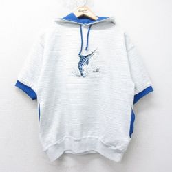 【50%OFF】L★古着 半袖 スウェット パーカー メンズ 90年代 90s カジキ 刺繍 USA製 薄グレー 霜降り他 ボーダー 25jul04 中古 スエット トレーナー トップス
