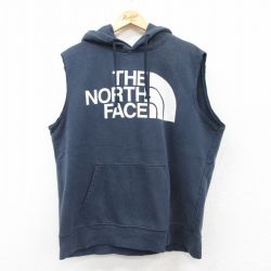 XL★古着 ノースフェイス THE NORTH FACE ノースリーブ スウェット パーカー メンズ ビッグロゴ 紺 ネイビー 25jul08 中古 スエット トレーナー トップス