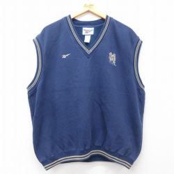XL★古着 リーボック REEBOK ノースリーブ スウェット メンズ ワンポイントロゴ アイリッシュ ノートルダム 大きいサイズ Vネック 紺他 ネイビー 25jul16 中古 スエット トレーナー トップス