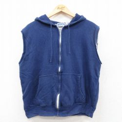 L★古着 ノースリーブ フルジップ スウェット パーカー メンズ 80年代 80s 無地 ルーマニア製 紺 内側サーマル【spe】26feb03
