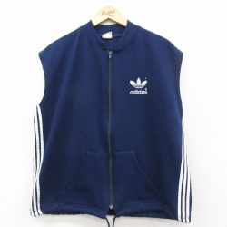L★古着 アディダス adidas ノースリーブ フルジップ スウェット メンズ 80年代 80s ワンポイントロゴ リーフ トレフォイル USA製 濃紺 3本ライン【spe】26feb03